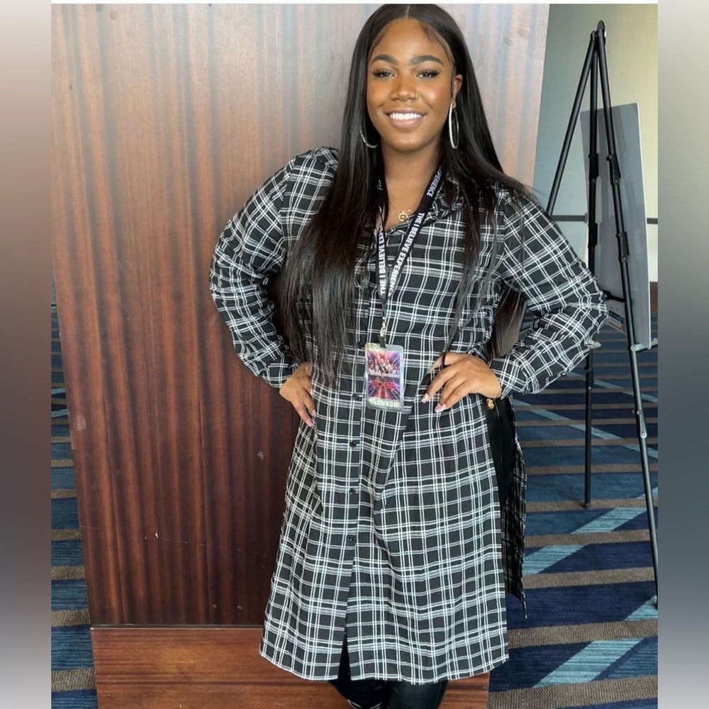 long black and white button up with slit on the sides